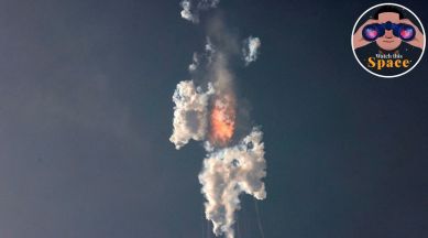 SpaceX's next-generation Starship spacecraft, atop its powerful Super Heavy rocket, explodes after its launch from the company's Boca Chica launchpad on a brief uncrewed test flight
