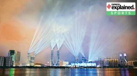 The Hangzhou Olympic Sports Center stadium is seen during a light show, ahead of the Asian Games.