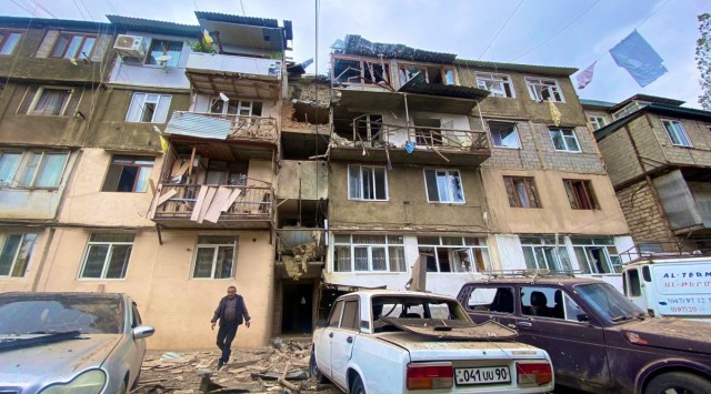 A view shows a damaged residential building in Nagorno-Karabakh