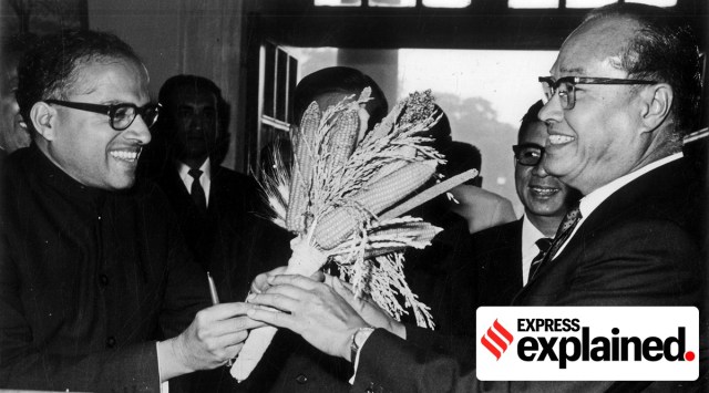 General Ne Win, Chairman of the Revolutionary Council of Burma, being presented a bunch of ears of corn by MS Swaminathan, Director of the Indian Agricultural Research Institute in New Delhi in 1970.