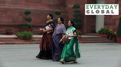 BJP MPs Ranjanben Dhananjay Bhatt, Darshana Jardosh and Bharatiben Dhirubhai Shiyal during the Winter Session of Parliament, in New Delhi, Tuesday, Nov. 19, 2019.