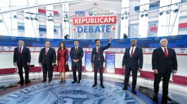 Republican presidential candidates, from left, North Dakota Gov. Doug Burgum, former New Jersey Gov. Chris Christie, former U.N. Ambassador Nikki Haley, Florida Gov. Ron DeSantis, entrepreneur Vivek Ramaswamy, Sen. Tim Scott, R-S.C., and former Vice President Mike Pence, stand together during a Republican presidential primary debate, Sept. 27, 2023. (AP)