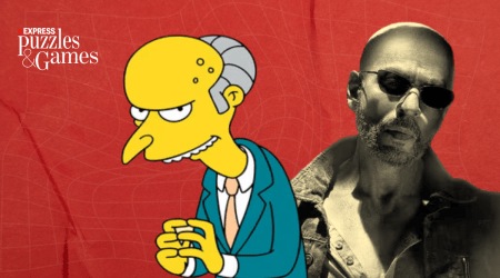 indian express news quiz banner showing mr burns from the simpsons and shah rukh khan in jawan, on a red paper background