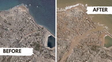 This combination of satellite photos were taken before and after the flooding in Derna, Libya