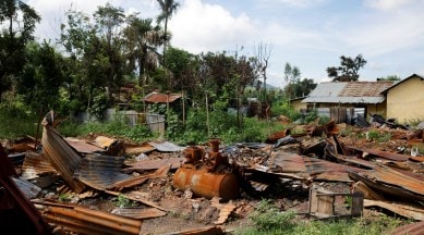 FILE PHOTO: A burnt structure is pictured at Torbung village in Churachandpur district