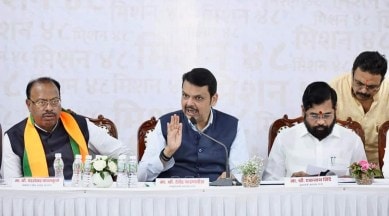 Maharashtra BJP chief Chandrashekhar Bawankule, Deputy CM Devendra Fadnavis and CM Eknath Shinde seen during a meeting in Mumbai on Thursday.