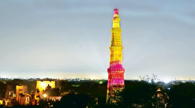 Qutub Minar lit up, Qutub Minar, delhi Qutub Minar, delhi news, India news, Indian express, Indian express India news, Indian express India