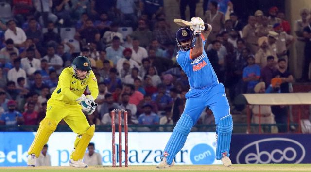 Suryakumar Yadav batting against Australia in the first ODI in Mohali. (Express Photo by Kamleshwar Singh)
