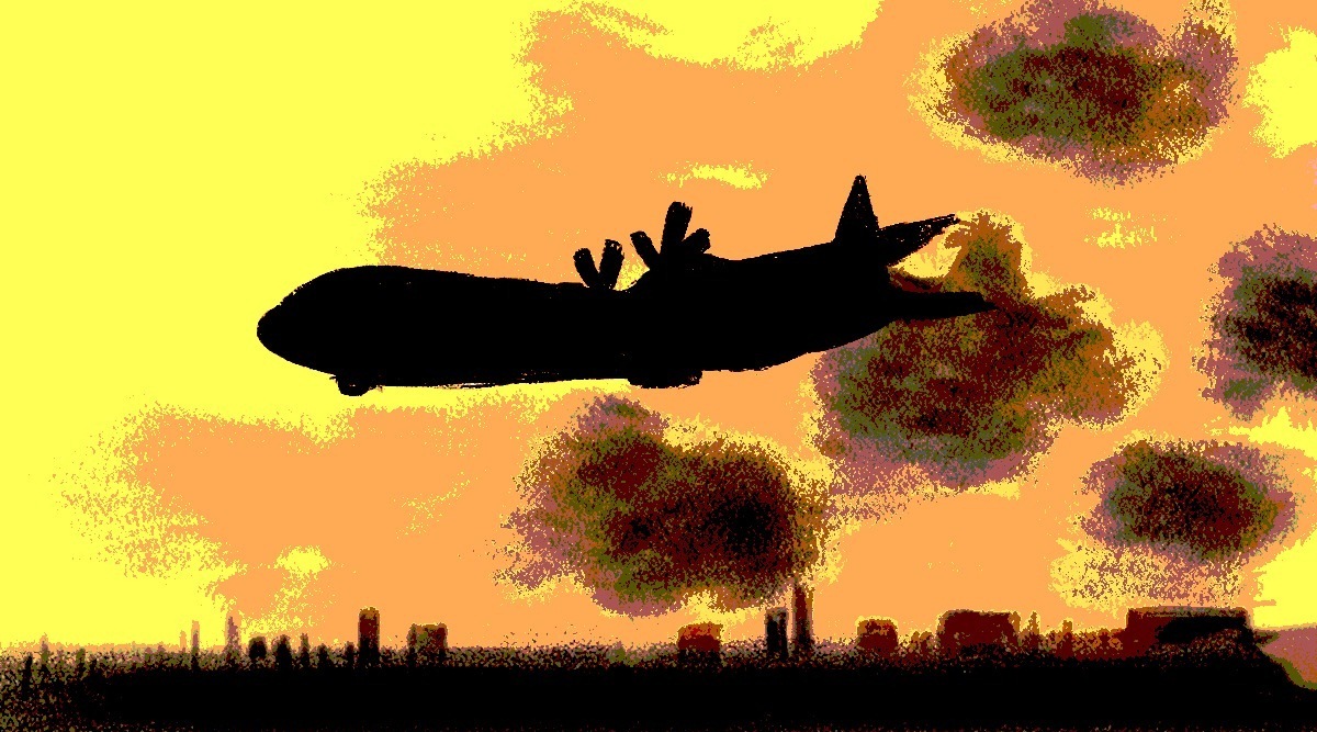 The passengers stood in a file, shuffling along as they moved towards the aircraft.