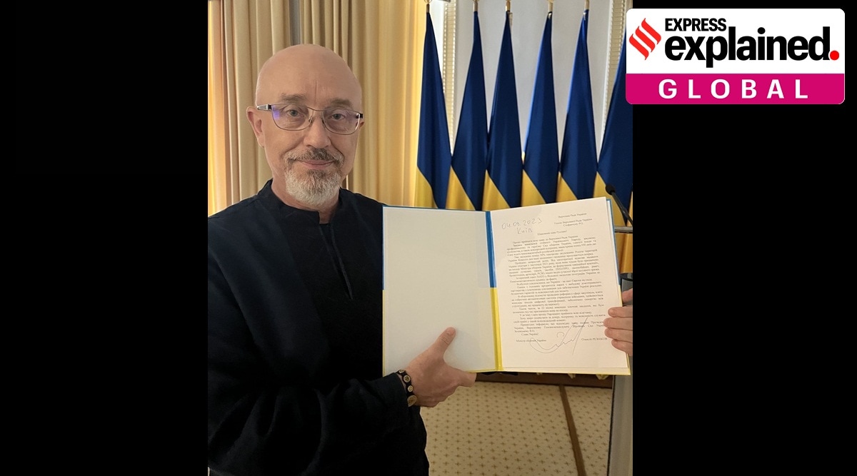 Ukraine's Defence Minister Oleksii Reznikov shows his resignation letter addressed to Parliament Speaker, amid Russia's attack on Ukraine, at a parliament building in Kyiv, Ukraine, on September 4.