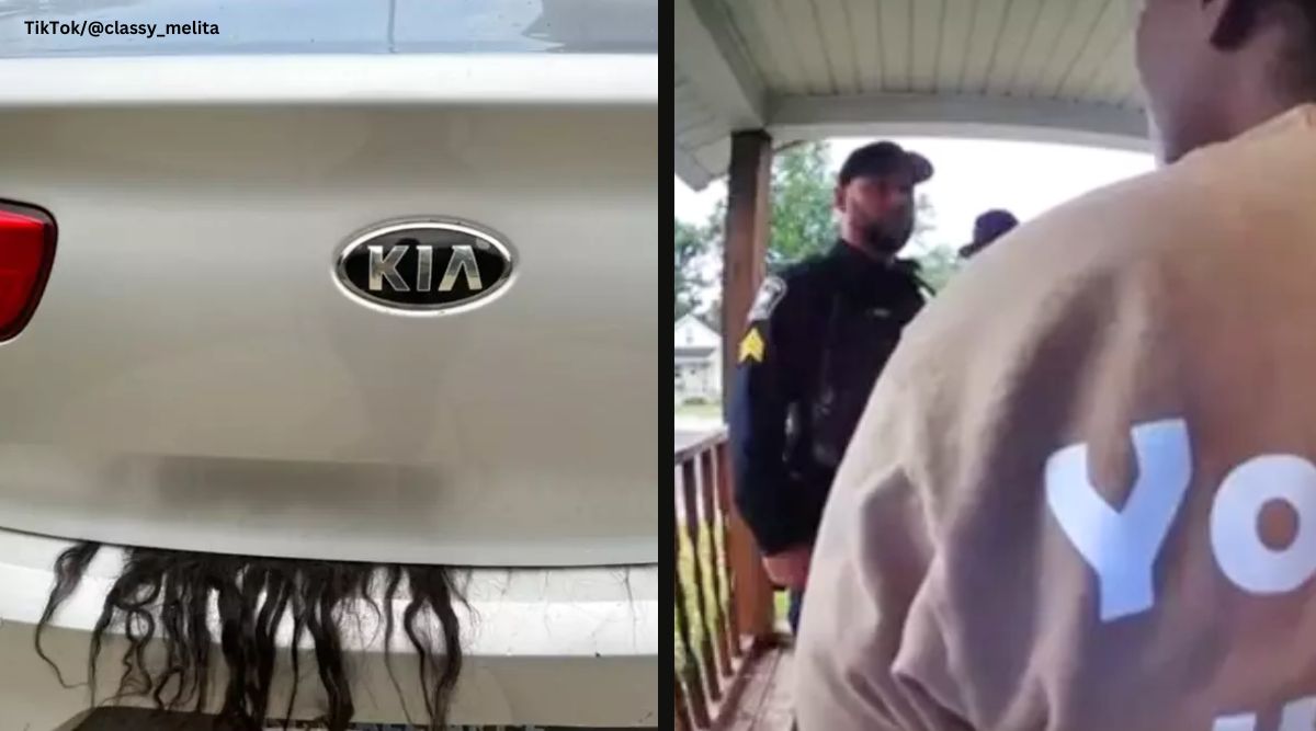 Police question a woman about hair hanging out of her car trunk