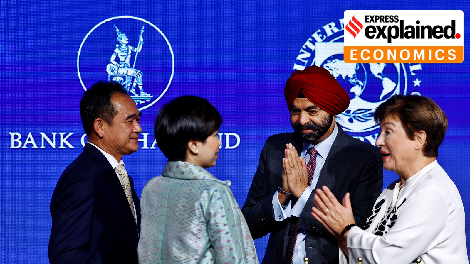 Thailand’s Deputy Minister of Finance Krisada Chinavicharana, Bank of Thailand assistant governor Chayawadee Chai-Anant, International Monetary Fund (IMF) Managing Director Kristalina Georgieva and World Bank President Ajay Banga greet one another after taking part in a signing ceremony with Thailand to host the 2026 IMF and the World Bank annual meetings in Marrakech, Morocco, October 15, 2023.