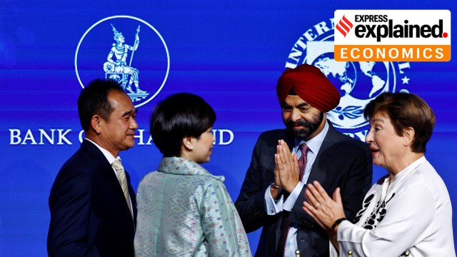 Thailand’s Deputy Minister of Finance Krisada Chinavicharana, Bank of Thailand assistant governor Chayawadee Chai-Anant, International Monetary Fund (IMF) Managing Director Kristalina Georgieva and World Bank President Ajay Banga greet one another after taking part in a signing ceremony with Thailand to host the 2026 IMF and the World Bank annual meetings in Marrakech, Morocco, October 15, 2023.