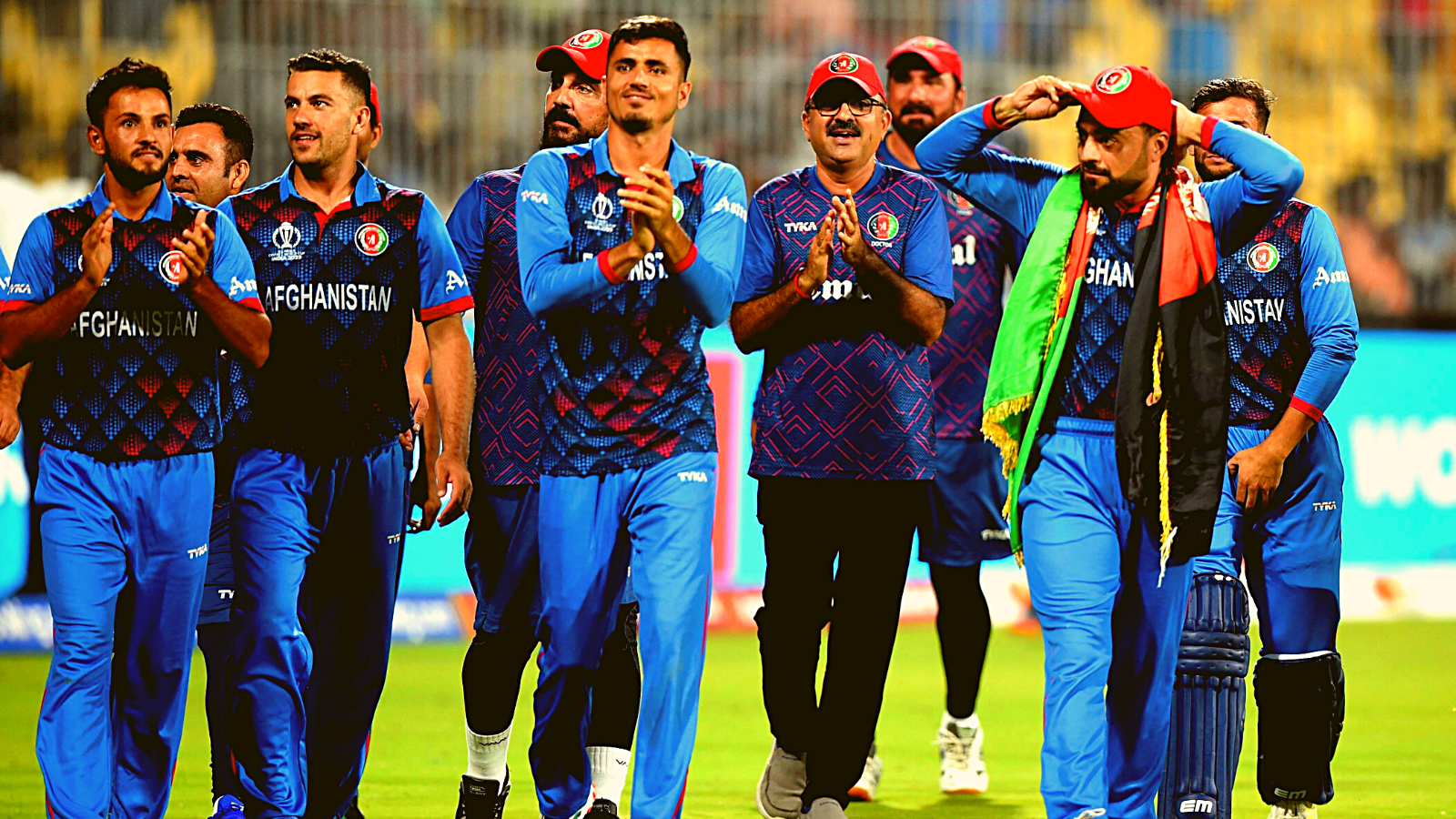 Afghanistan players applaud Chennai fans after winning the match against Pakistan by eight wickets. REUTERS