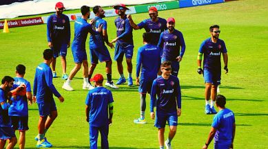 Afghanistan team during a practice session ahead of their ICC Men's Cricket World Cup 2023 match against India, at Arun Jaitley Stadium, in New Delhi, Tuesday, Oct. 10, 2023. (PTI Photo)