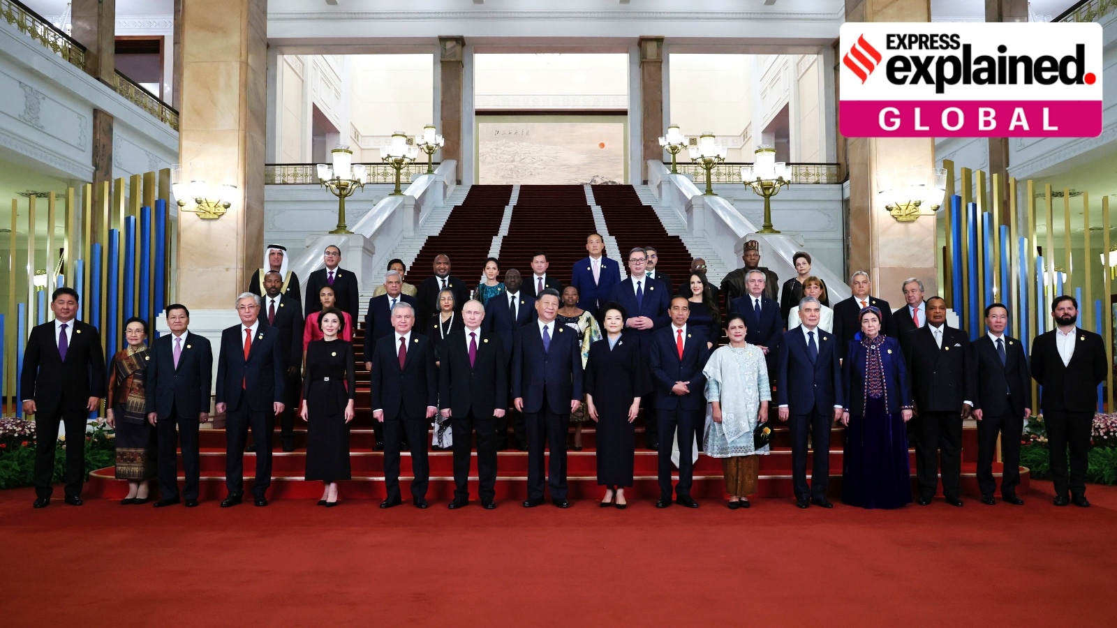 Participants of the Belt and Road Forum pose for a photo in Beijing, China, on Tuesday, Oct. 17, 2023. Chinese President Xi Jinping stands at the centre, flanked by Russian President Vladimir Putin to his right.