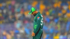 Pakistan's captain Babar Azam reacts during the ICC Men's Cricket World Cup match between Pakistan and Afghanistan in Chennai, India, Monday, Oct. 23, 2023. (AP Photo)