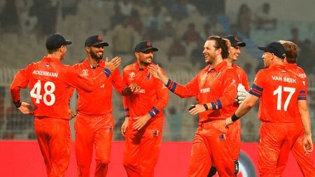 Netherlands players celebrate after dismissing Bangladesh's Mahmudullah during the World Cup match at Eden Gardens in Kolkata on Saturday. (Express photo by Partha Paul)