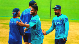 Bangladesh's skipper Shakib Al Hasan exchanges greetings with Netherlands players during a practice session on the eve of of the ICC Men's Cricket World Cup 2023 match between Bangladesh and Netherlands, at Eden Gardens in Kolkata, Friday, Oct. 27, 2023. (PTI Photo)