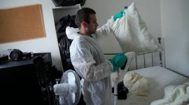 A pest control technician sprays steam on a pillow in a Paris apartment. (AP Photo)