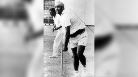 An undated photograph shows Bishan Singh Bedi bowling in the nets. (Express Archive)