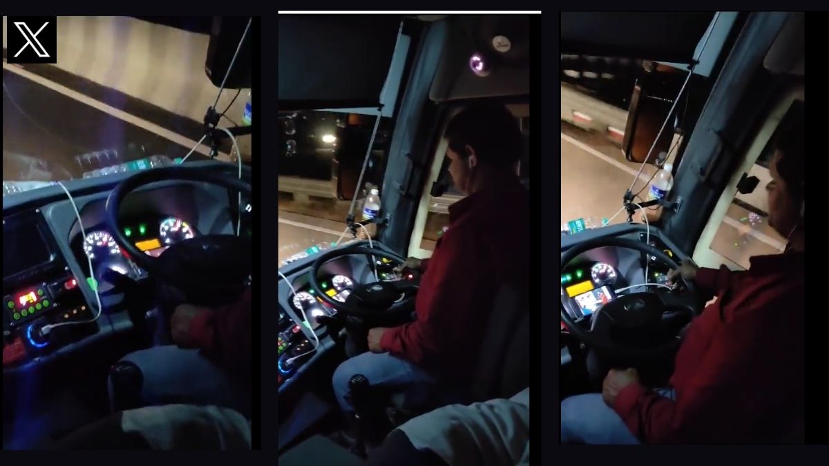 Bus driver watches video on mobile while driving