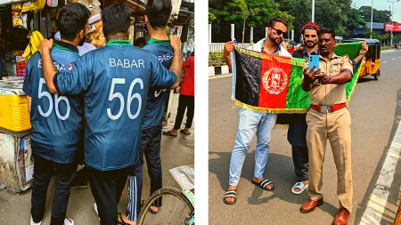 (LEFT) Fans with Babar Azam T-shirts outside the Chepauk Stadium; (RIGHT) A policeman poses with Afghanistan fans.