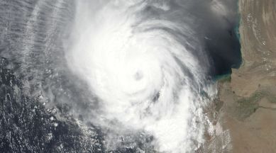 Cyclone Biparjoy maintaining its peak intensity while approaching the India-Pakistan border region on June 12, 2023.