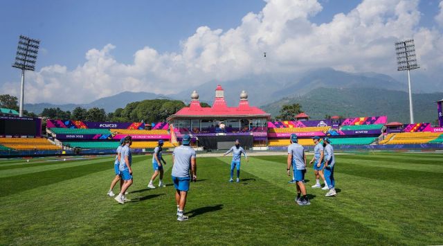 England's players during a practice session ahead of the ICC Men's Cricket World Cup 2023 match against Bangladesh, at HPCA Stadium, in Dharamshala, Sunday, Oct. 8, 2023. (PTI Photo)