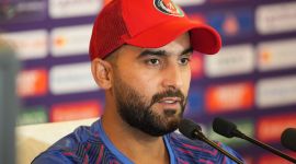 Afghanistan's Hashmatullah Shahidi addresses a press conference. (PTI Photo)