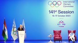 IOC President Thomas Bach with Prime Minister Narendra Modi during the Opening Ceremony of the 141st IOC Session in Mumbai. (PHOTO: X/IOCMEDIA)