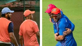 (LEFT) India's head coach Rahul Dravid and skipper Rohit Sharma; (RIGHT) Afghanistan players during a practice session ahead of their Cricket World Cup 2023 match against India. (PHOTOS: PTI)