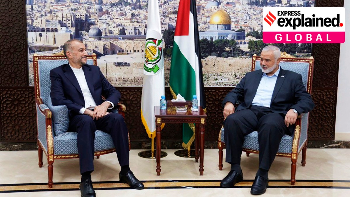 Iran's Foreign Minister Hossein Amirabdollahian, left, meets with Ismail Haniyeh, one of the Palestinian militant group Hamas leaders in Doha, Qatar, Saturday, Oct. 14, 2023.