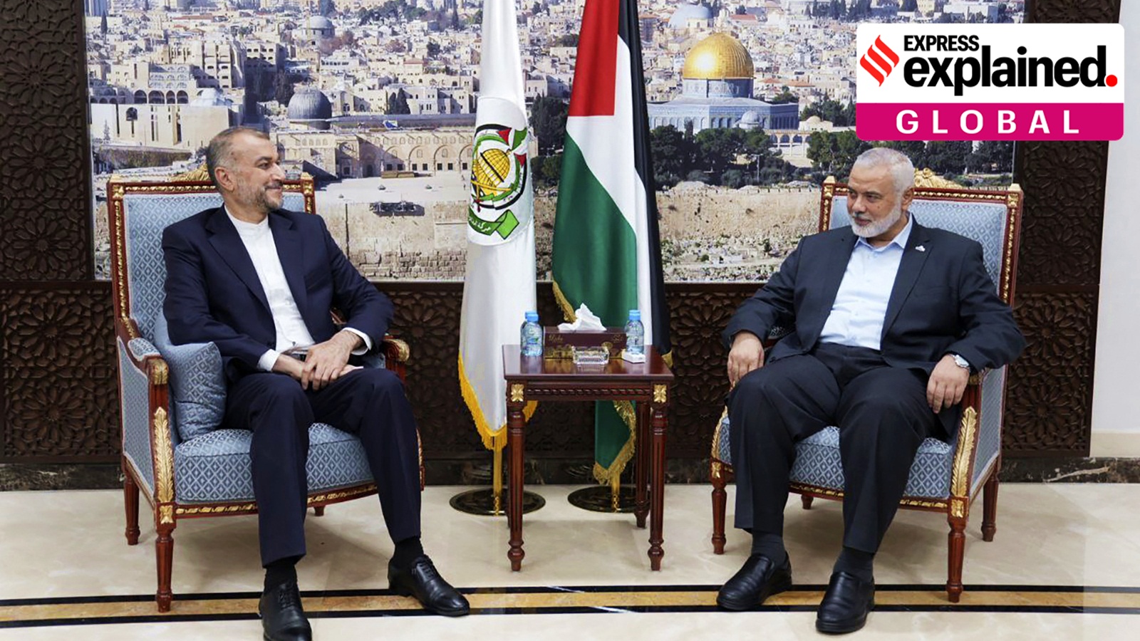 Iran's Foreign Minister Hossein Amirabdollahian, left, meets with Ismail Haniyeh, one of the Palestinian militant group Hamas leaders in Doha, Qatar, Saturday, Oct. 14, 2023.