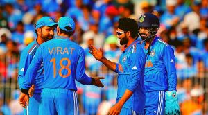 India's Ravindra Jadeja celebrates with teammates the wicket of Australia's batter Alex Carey during the ICC Men's Cricket World Cup match between India and Australia, at the MA Chidambaram Stadium, in Chennai, Sunday, Oct. 8, 2023. (PTI Photo)