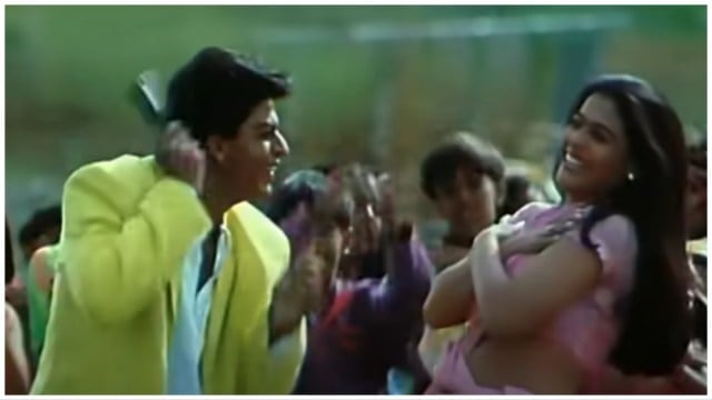 Kajol and Shha Rukh Khan in a scene from the song Ladki Badi Anjani Hai.