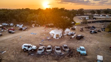 An aerial view of the campsite, only three miles from Gaza, for the Tribe of Nova gathering, a trance music festival that was attacked by Hamas militants, near the Re'im kibbutz in Israel, Oct. 11, 2023.