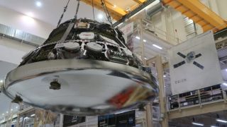 Orion spacecraft with crew module and service module joined together