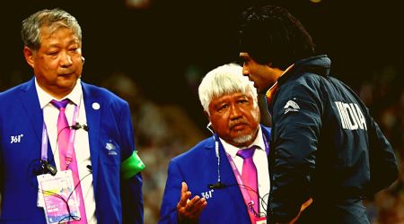 India's Neeraj Chopra speaks with referees during the Men's Javelin Throw final REUTERS