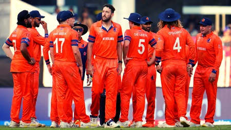 Netherlands' Paul Van Meekeren celebrates after the dismissal of Sri Lanka's Pathum Nissanka during the ICC Men's Cricket World Cup match between Sri Lanka and Netherlands in Lucknow, India, Saturday, Oct. 21, 2023. (AP Photo)