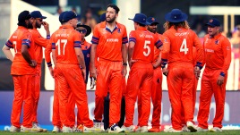 Netherlands' Paul Van Meekeren celebrates after the dismissal of Sri Lanka's Pathum Nissanka during the ICC Men's Cricket World Cup match between Sri Lanka and Netherlands in Lucknow, India, Saturday, Oct. 21, 2023. (AP Photo)
