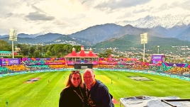 Natalie Nel with husband Seton at the HPCA Stadium in Dharamsala ahead of the South Africa-Netherlands World Cup match.