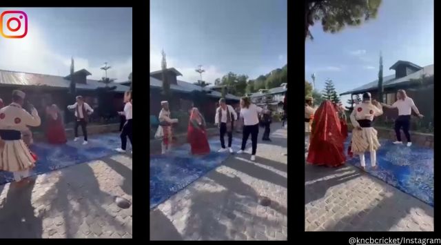 Netherlands players perform ‘Nati’ with folk dancers during team’s welcome in Dharamsala
