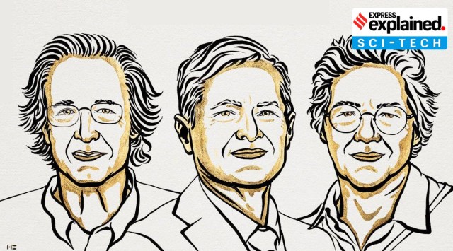 Pierre Agostini, Ferenc Krausz and Anne L’Huillier, winners of the 2023 Nobel Prize for Physics, are pictured in this illustration. (Niklas Elmehed / Royal Swedish Academy of Sciences)