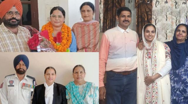 From left: Gulfam Sayyad, Kirandeep Kaur, and Anjali Kaur with their parents after PCS (Judicial) results were declared. Express
