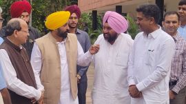 Punjab Chief Minister Bhagwant Mann and others after the meeting in Chandigarh, Sunday. Express