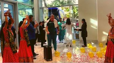 Members of the Pakistan team arrive at their hotel in Ahmedabad. (PHOTO: Screengrab/PCB)