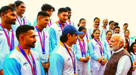Prime Minister Narendra Modi meets with Asian Games medal winners at Major Dhyan Chand National Stadium, in New Delhi, Tuesday, Oct. 10, 2023. (PTI)