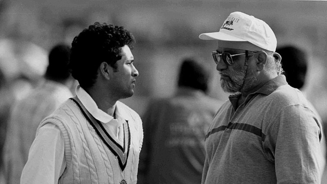 Former Indian Captain Bishan Singh Bedi giving tips to Sachin Tendulkar. Express archive photo