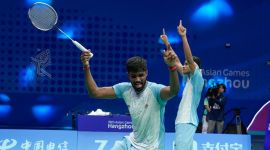 India’s Satwiksairaj Rankireddy and Chirag Shetty celebrate after winning their men's doubles semi-final badminton match against Malaysia's Aaron Chia Teng Fong and Soh Wooi Yik.